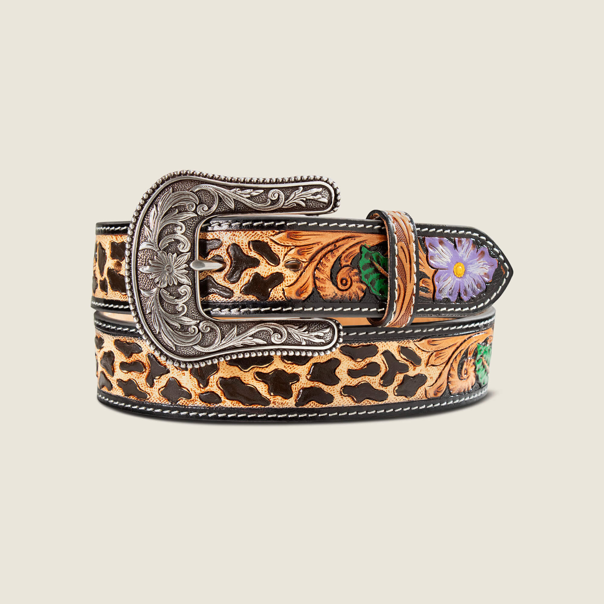 Hand Tooled Cheetah Print With Painted Flower Belt